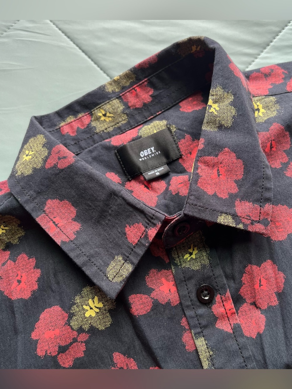 OBEY Floral Print Short Sleeve Button Down Shirt - Size Medium